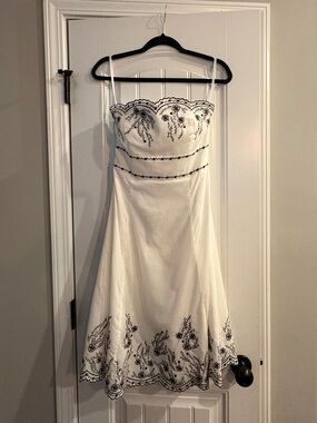 White House Black Market White Strap Dress with Black Embroidery